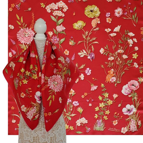 SALVATORE FERRAGAMO SCARF SIGNATURE FLOWER MOUSE MULTI COLOR PRINT SILK 35